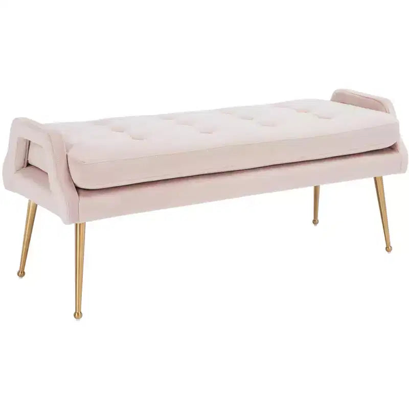 Upholstered Bench with Tufted Cushion and Gold Metal Legs