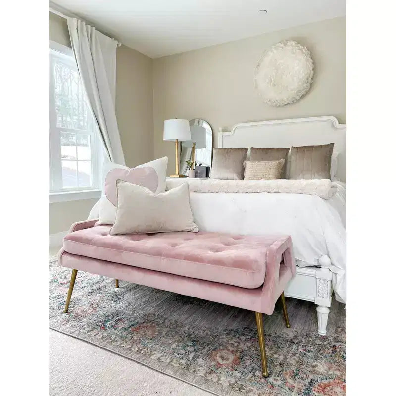 Upholstered Bench with Tufted Cushion and Gold Metal Legs