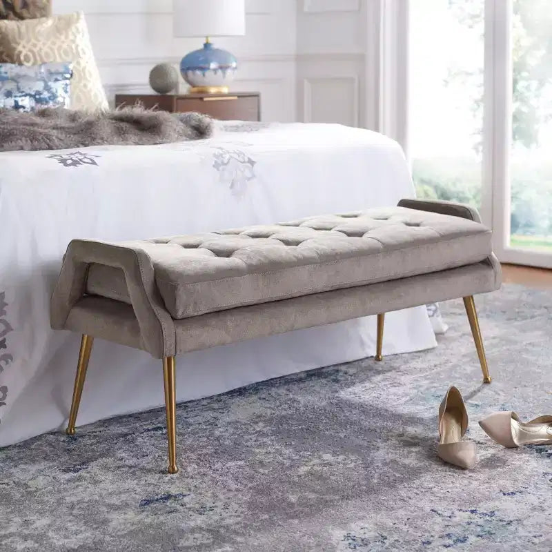 Upholstered Bench with Tufted Cushion and Gold Metal Legs