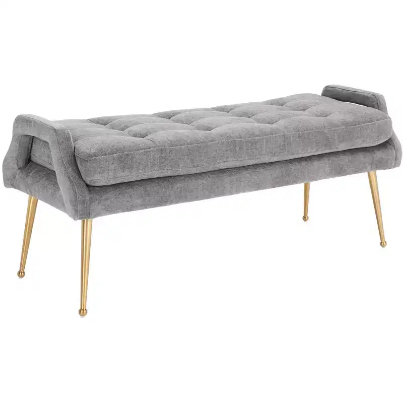 Upholstered Bench with Tufted Cushion and Gold Metal Legs