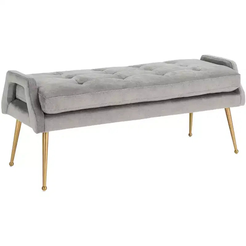 Upholstered Bench with Tufted Cushion and Gold Metal Legs