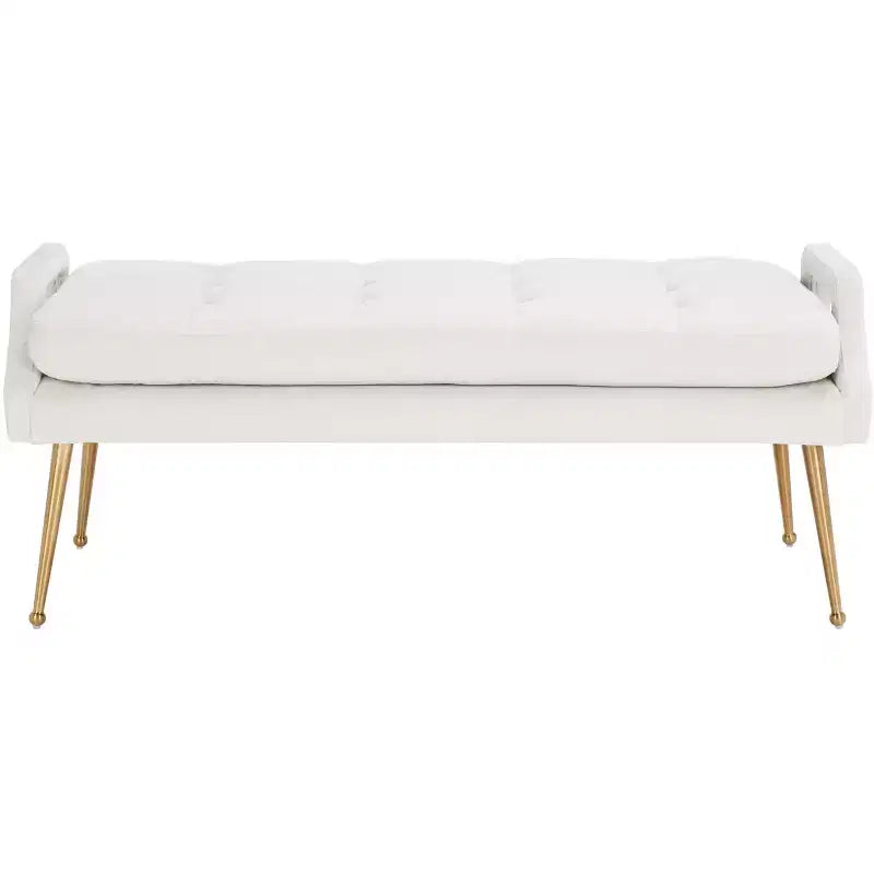 Upholstered Bench with Tufted Cushion and Gold Metal Legs