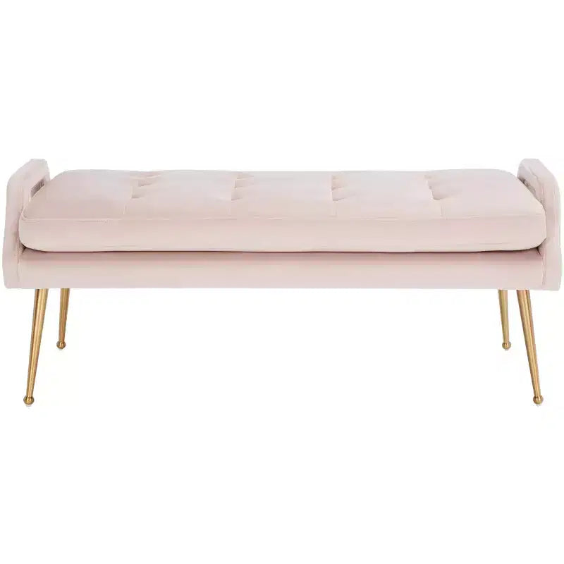 Upholstered Bench with Tufted Cushion and Gold Metal Legs