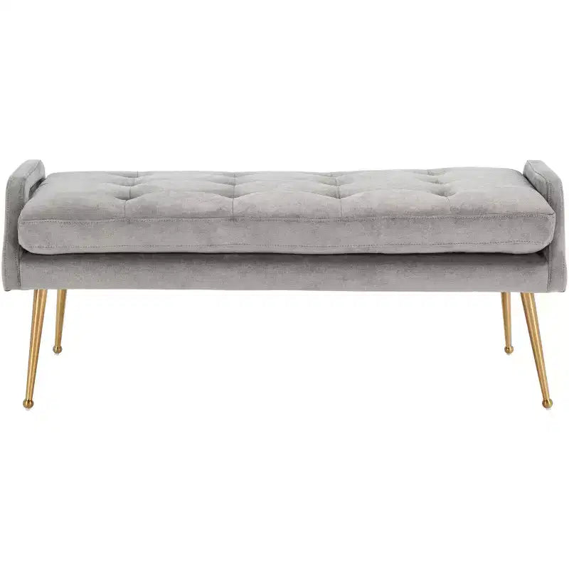 Upholstered Bench with Tufted Cushion and Gold Metal Legs