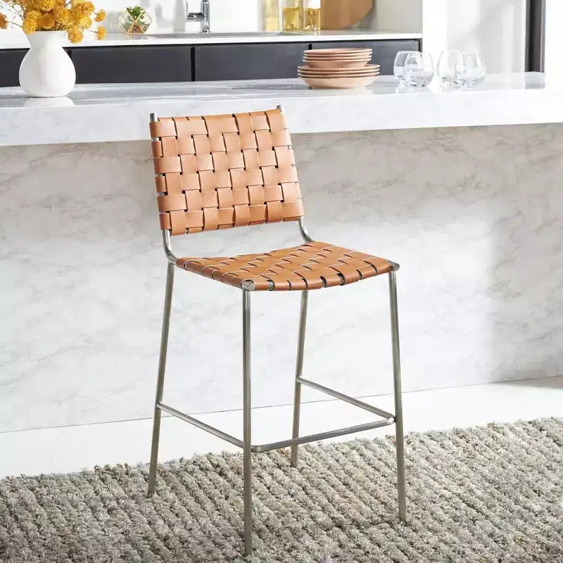 Sgabello da banco in pelle intrecciata con struttura in metallo