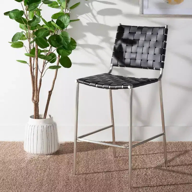 Woven Leather Counter Stool with Metal Frame