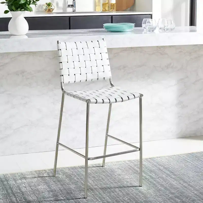Sgabello da banco in pelle intrecciata con struttura in metallo