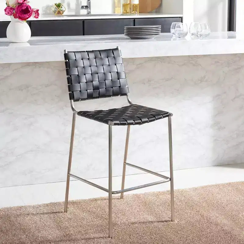 Woven Leather Counter Stool with Metal Frame