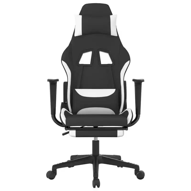 Adjustable Black and White Fabric Massage Gaming Chair with Footrest