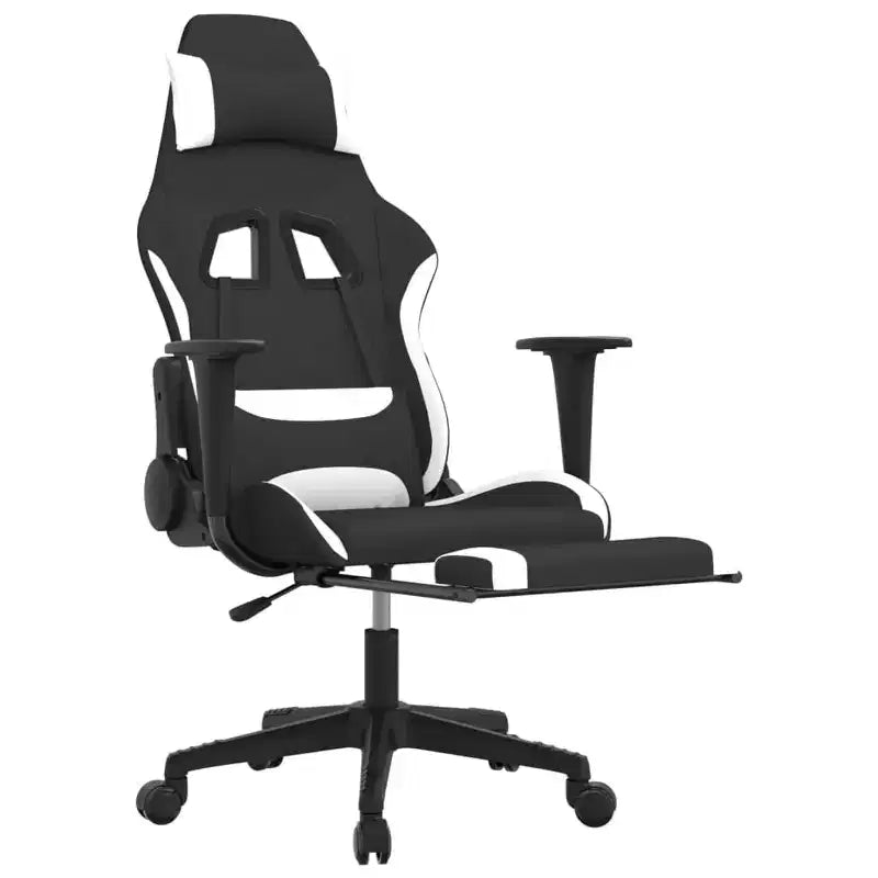 Adjustable Black and White Fabric Massage Gaming Chair with Footrest