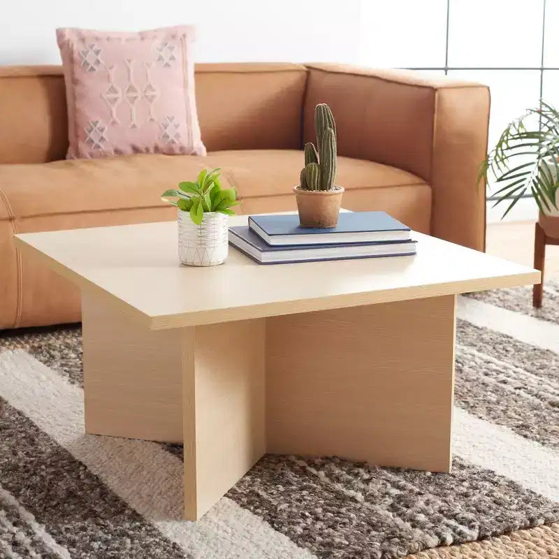 Square Wood Coffee Table with Cross Base and Multicolor Top