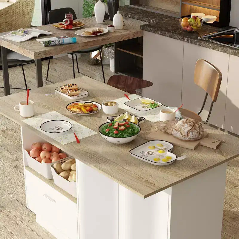 Kitchen Island with Wood-Grain Top, Drawers, and Cabinet Doors