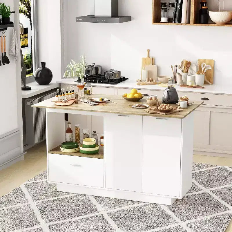 Kitchen Island with Wood-Grain Top, Drawers, and Cabinet Doors