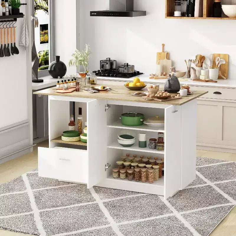Kitchen Island with Wood-Grain Top, Drawers, and Cabinet Doors