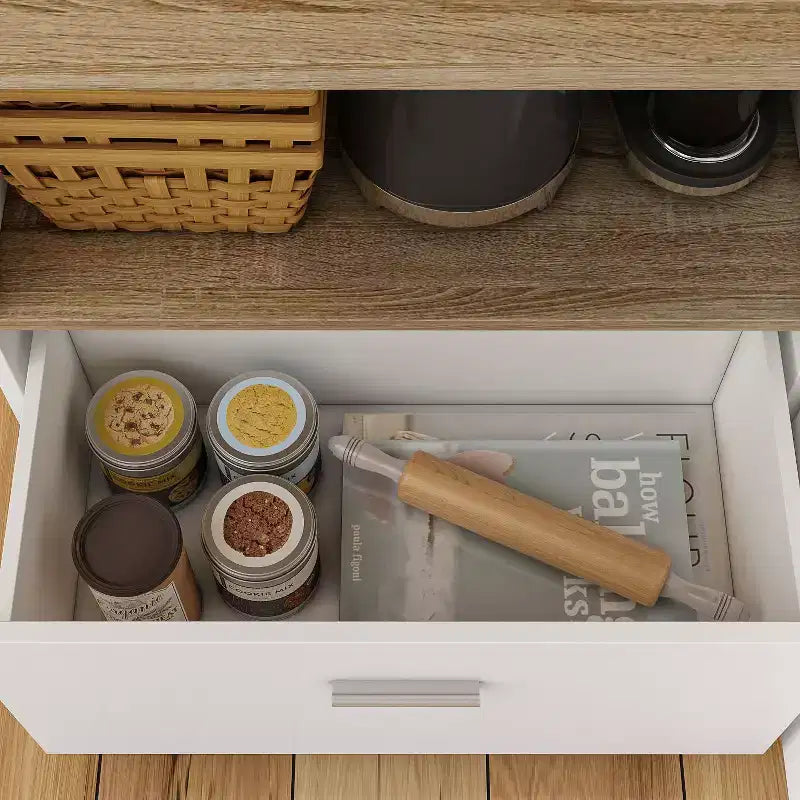 Kitchen Island with Wood-Grain Top, Drawers, and Cabinet Doors