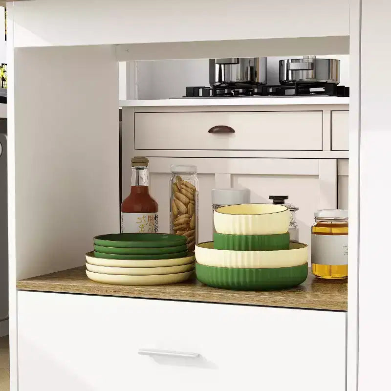 Kitchen Island with Wood-Grain Top, Drawers, and Cabinet Doors