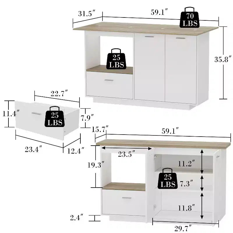 Kitchen Island with Wood-Grain Top, Drawers, and Cabinet Doors