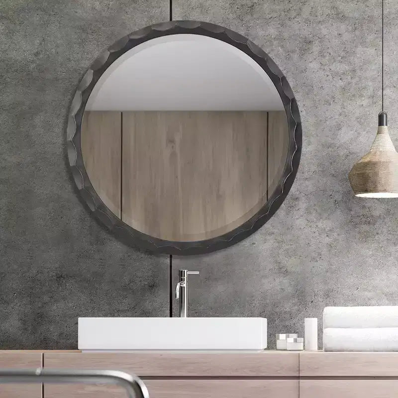 38-Inch Round Wall Mirror with Scalloped Beveled Frame