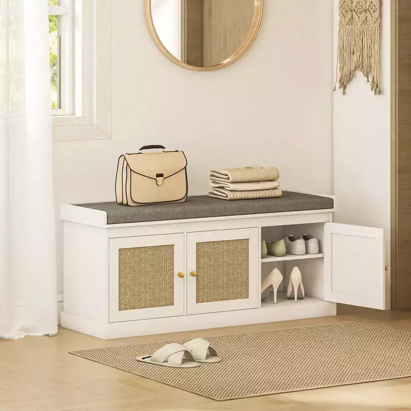 Shoe Storage Bench with Rattan Doors, Cushion and Adjustable Shelves