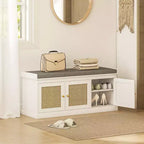 Shoe Storage Bench with Rattan Doors, Cushion and Adjustable Shelves