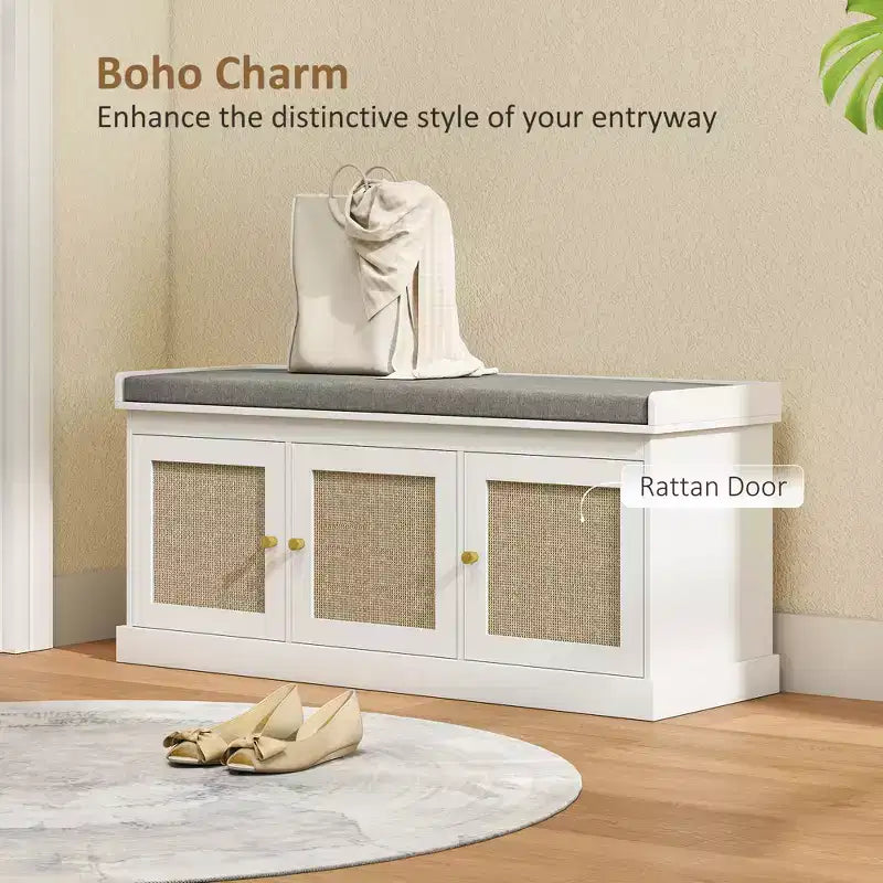 Shoe Storage Bench with Rattan Doors, Cushion and Adjustable Shelves