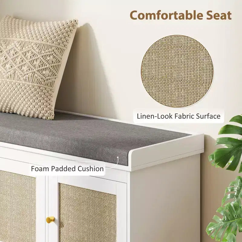 Shoe Storage Bench with Rattan Doors, Cushion and Adjustable Shelves