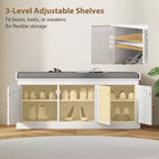 Shoe Storage Bench with Rattan Doors, Cushion and Adjustable Shelves