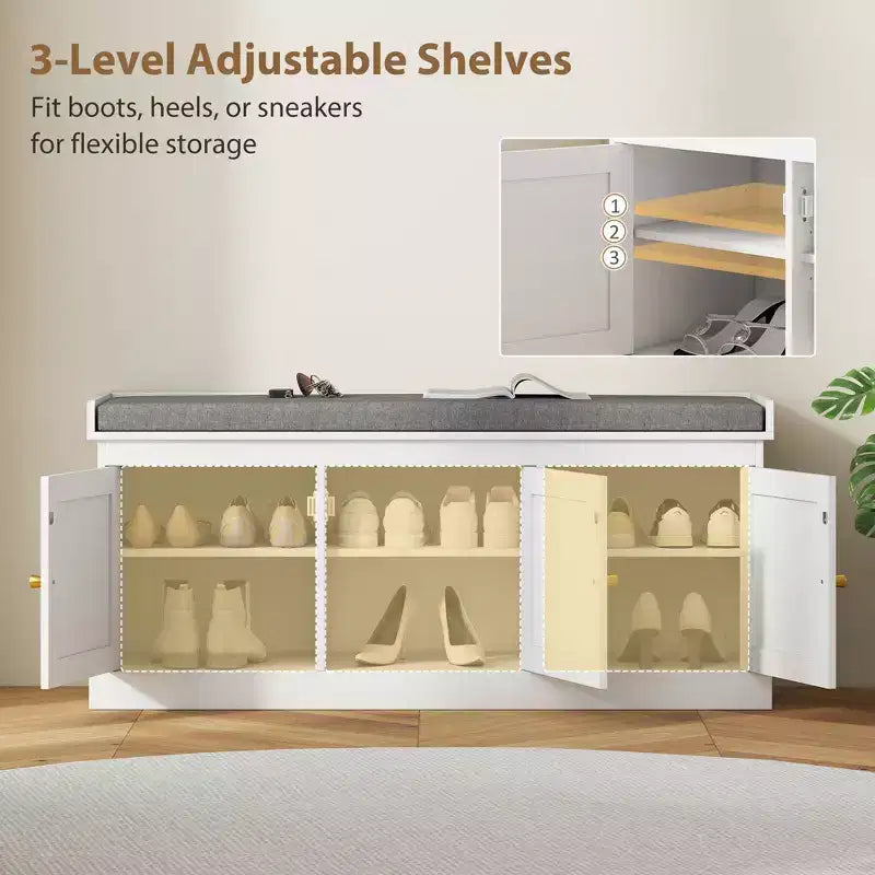 Shoe Storage Bench with Rattan Doors, Cushion and Adjustable Shelves