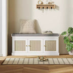 Shoe Storage Bench with Rattan Doors, Cushion and Adjustable Shelves